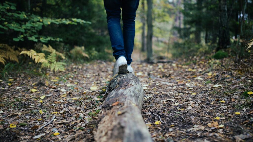 Persona caminando en equilibrio sobre un tronco en el bosque